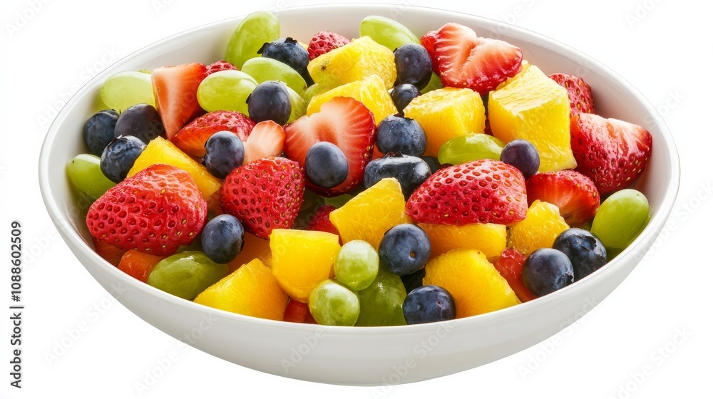 A vibrant bowl of mixed fruit salad with strawberries, blueberries, grapes A vibrant bowl of mixed fruit salad with strawberries, blueberries, grapes