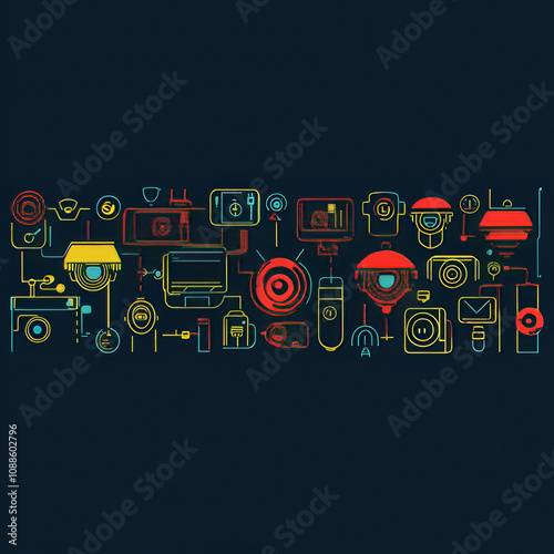 A creative horizontal banner or illustration featuring video security, with line icons of CCTV cameras in vibrant colors. The design is set against a dark background, highlighting the concept of surve