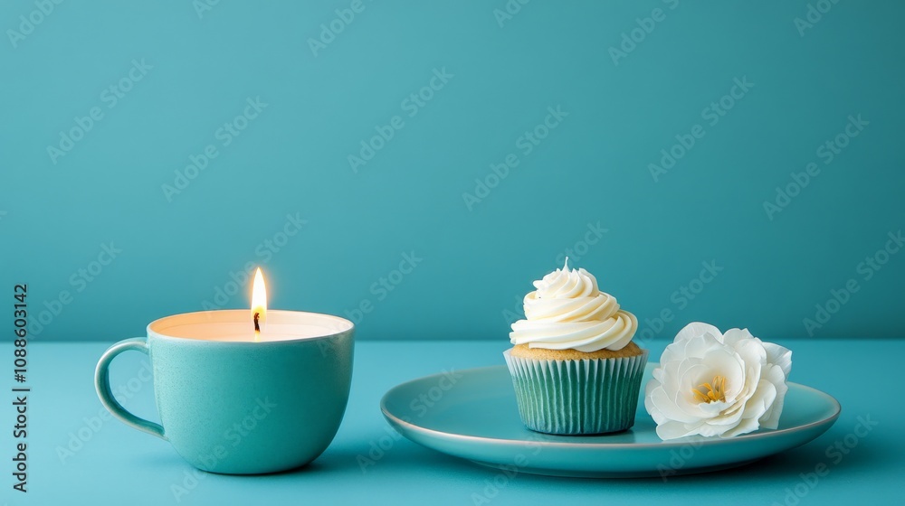 Serene Minimalist Cupcake Scene with Candle Serene Minimalist Cupcake Scene with Candle