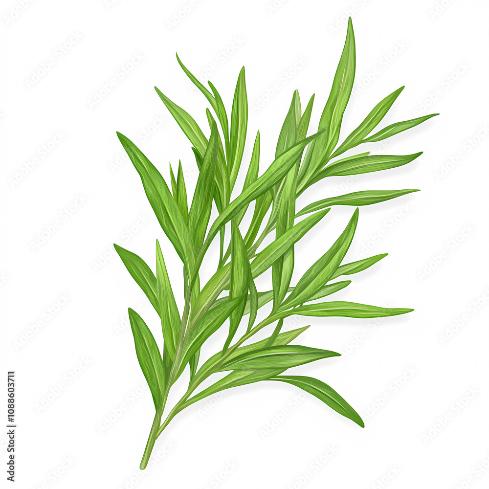 Fototapeta premium Explore the vibrant tarragon herb perfect for enhancing culinary dishes with its unique flavor. On white background