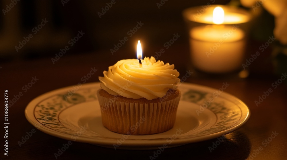 Serene Cupcake with Candle on Beautiful Plate Serene Cupcake with Candle on Beautiful Plate