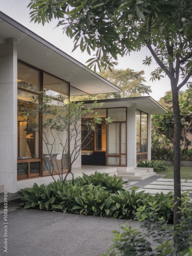 Fototapeta premium Modern Contemporary Home with Floor-to-Ceiling Windows and Beautiful Landscaping