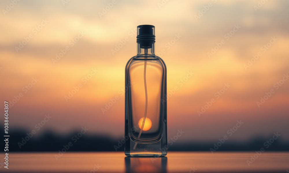 glass perfume bottle captures sunset, creating serene atmosphere. warm hues of sunset reflect beautifully through bottle, enhancing its elegance glass perfume bottle captures sunset, creating serene atmosphere. warm hues of sunset reflect beautifully through bottle, enhancing its elegance
