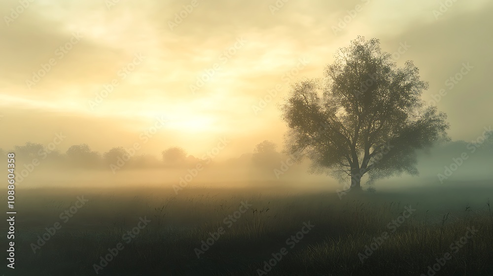 Fototapeta premium Misty Sunrise Landscape with Solitary Tree