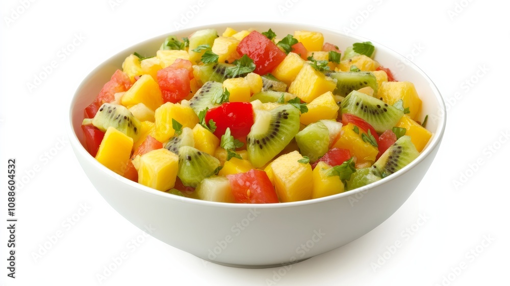A vibrant bowl of tropical fruit salsa with diced pineapple, mango, kiwi A vibrant bowl of tropical fruit salsa with diced pineapple, mango, kiwi