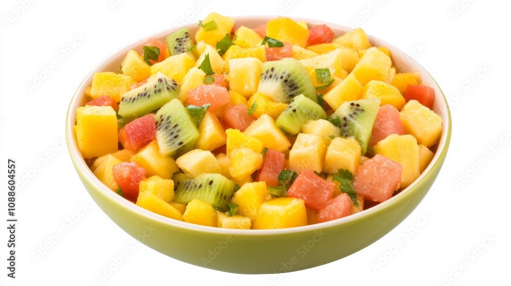 A vibrant bowl of tropical fruit salsa with diced mango, papaya, kiwi