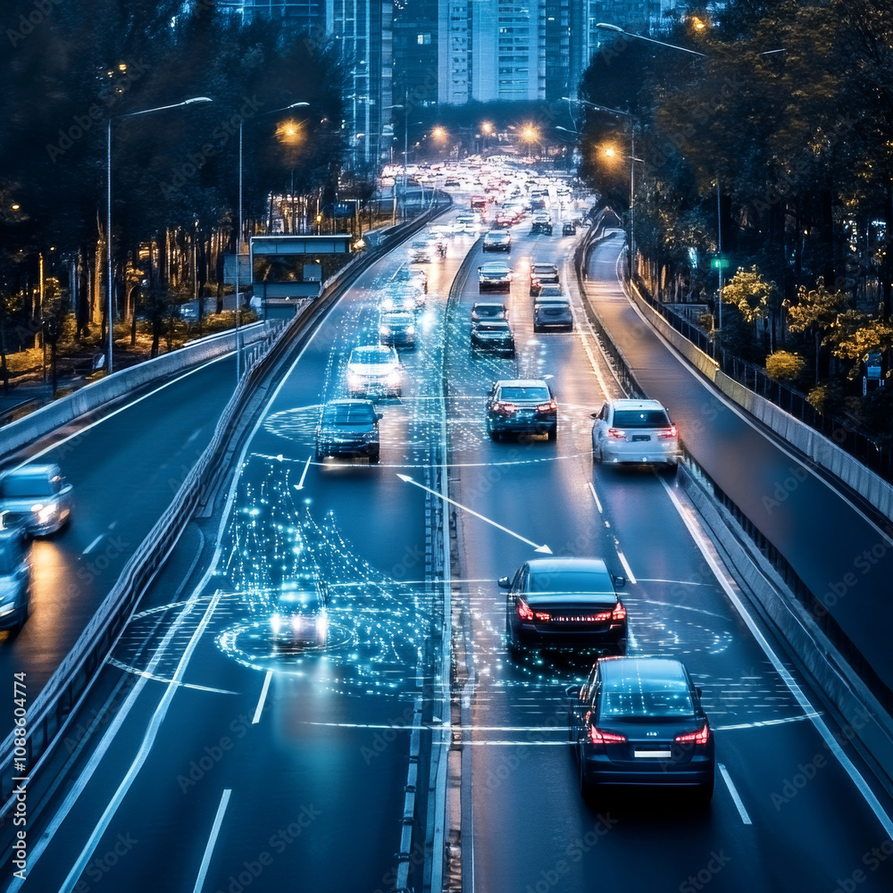 AI-powered traffic tracking system recognizing vehicle speeds and displaying speed limit information. A security surveillance camera monitors motorway traffic, enhanced by holographic projections and AI-powered traffic tracking system recognizing vehicle speeds and displaying speed limit information. A security surveillance camera monitors motorway traffic, enhanced by holographic projections and
