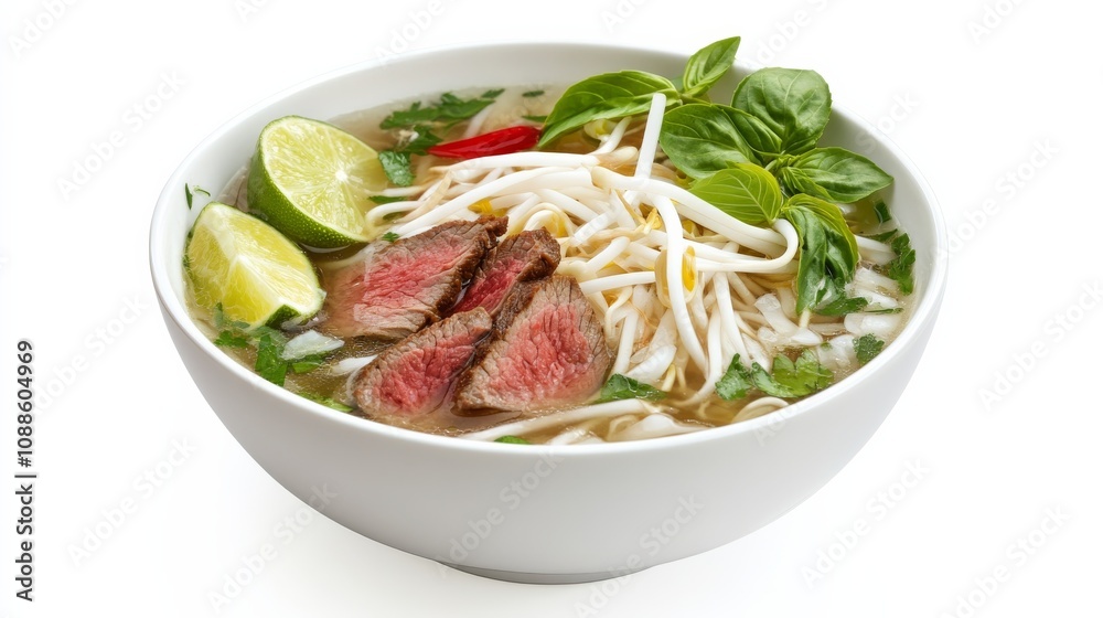 A vibrant bowl of Vietnamese pho with rice noodles, tender slices of beef, bean sprouts A vibrant bowl of Vietnamese pho with rice noodles, tender slices of beef, bean sprouts