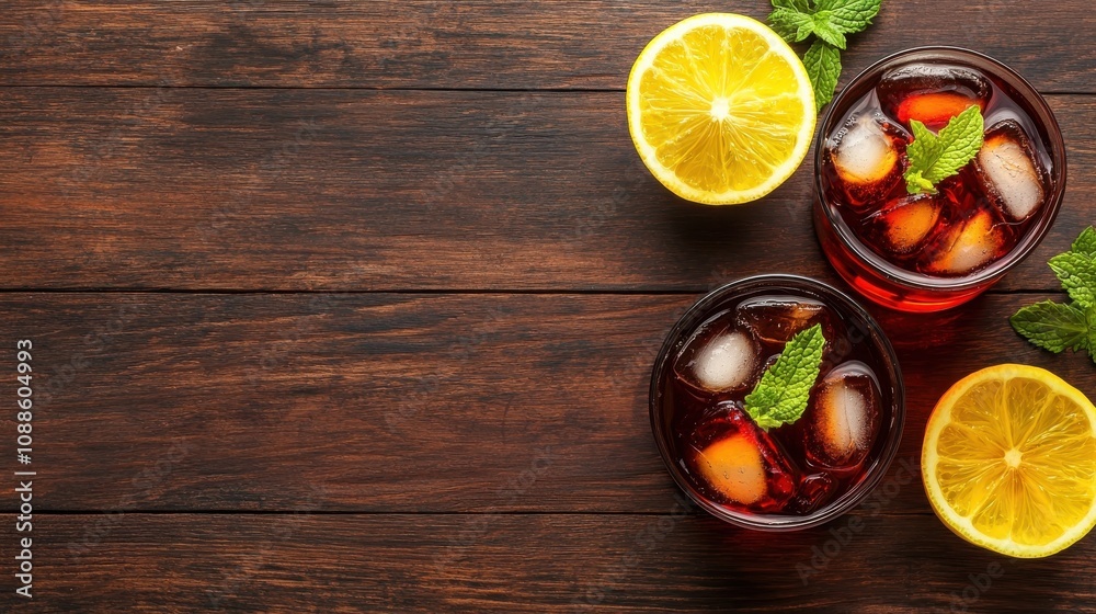 Refreshing Summer Iced Tea with Lemons and Mint Home Kitchen Beverage Photography Rustic Setting Close-up Health Benefits Refreshing Summer Iced Tea with Lemons and Mint Home Kitchen Beverage Photography Rustic Setting Close-up Health Benefits