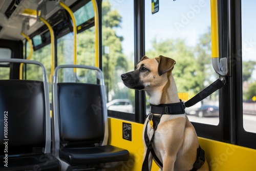 A dog sitting alone in an unoccupied public bus, highlighting moments of solitude and companionship photo