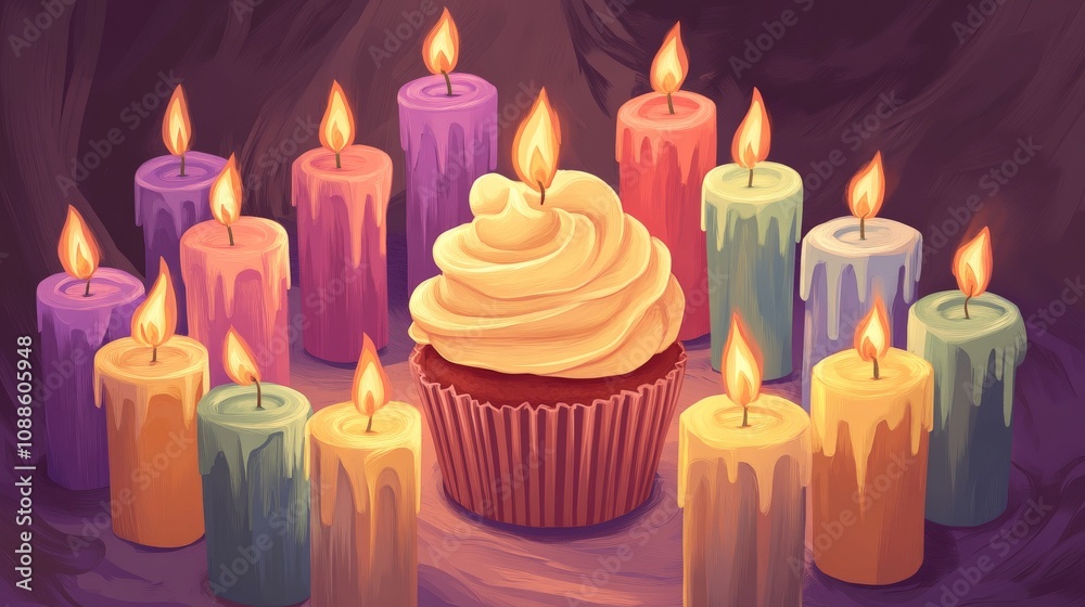Colorful Cupcake Surrounded by Festive Candles Colorful Cupcake Surrounded by Festive Candles