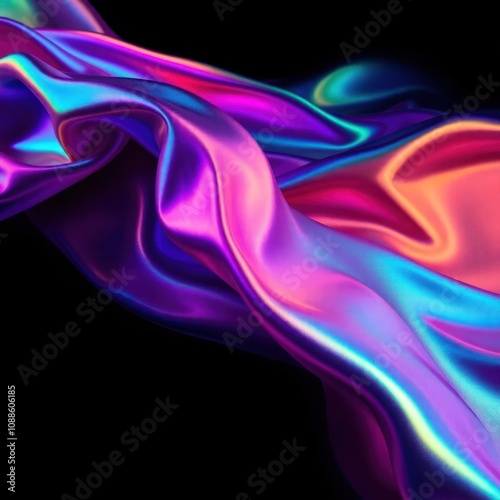 vibrant, flowing fabric that exhibits a blend of colors, predominantly purples, pinks, and blues. The silky texture and dynamic movement create an impression of depth and fluidity, with light reflect