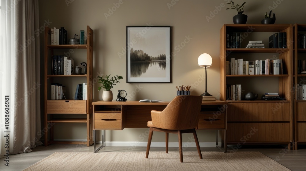 Here's a and keyword list for your stock photo... Modern home office with wooden furniture, bookshelf, desk, chair and artwork. Here's a and keyword list for your stock photo... Modern home office with wooden furniture, bookshelf, desk, chair and artwork.