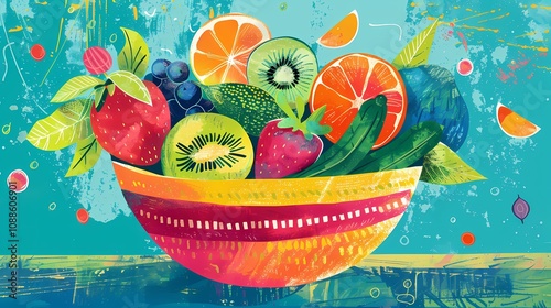 Vintage style illustration of colorful bowls of fruits and vegetables with bright details