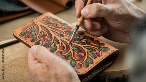 A craftsman intricately carves a floral design into a leather wallet, showcasing skillful artistry and attention to detail. photo