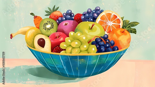 Vintage style illustration of colorful bowls of fruits and vegetables with bright details