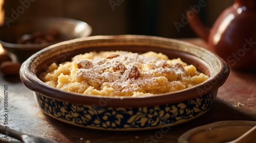 Traditional Middle Eastern Dessert Served in Decorative Bowl with Almonds and Powdered Sugar for a Rich Culinary Experience