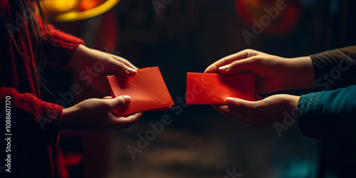 Traditional Red Envelope Exchange: Close-up of warm Chinese New Year gesture photo