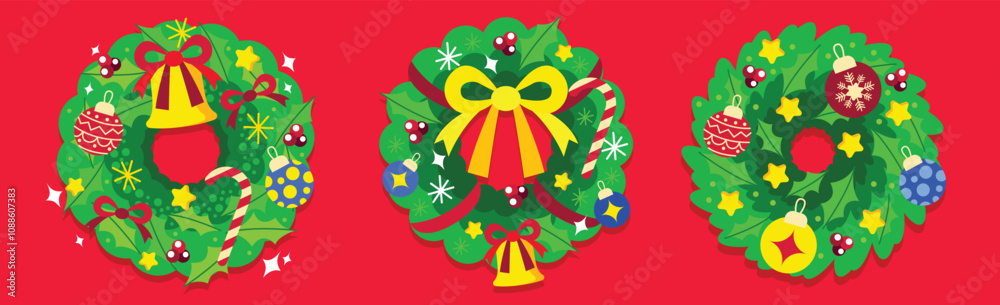 Set of Cute christmas wreath flat vector illustration