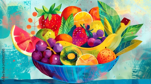 Vintage style illustration of colorful bowls of fruits and vegetables with bright details