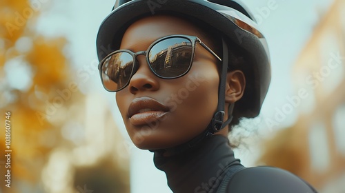 Woman in Sunglasses and Helmet on a Bike Ride in the City AI Generated photo