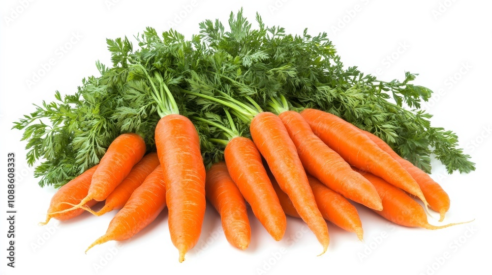 A whole bunch of fresh, bright orange carrots with their green leafy tops, Each carrot’s vibrant color and subtle imperfections captured with precision A whole bunch of fresh, bright orange carrots with their green leafy tops, Each carrot’s vibrant color and subtle imperfections captured with precision
