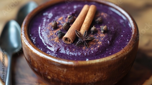 Rich and Creamy Purple Dessert in Wooden Bowl with Cinnamon Sticks and Spices, Garnished for a Gourmet Presentation photo