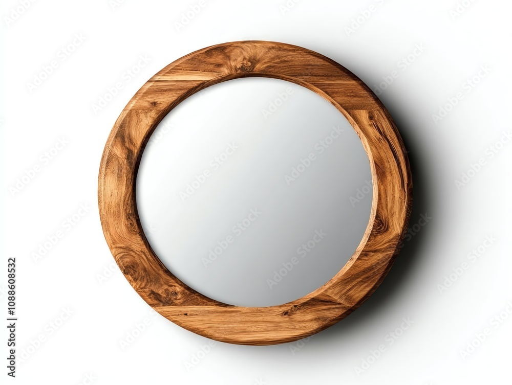 Round wooden mirror with a natural finish, isolated on a white background. Round wooden mirror with a natural finish, isolated on a white background.
