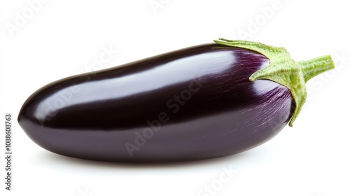 A whole eggplant with its shiny, deep purple skin and green stem, Each eggplant’s vibrant color and subtle imperfections captured with precision