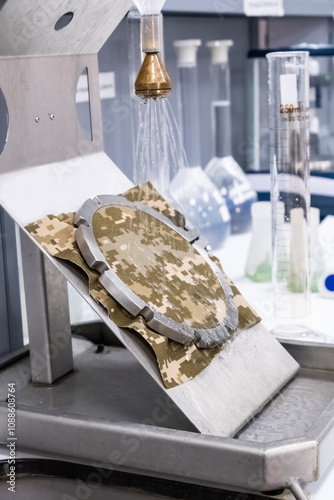 Waterproof test of a fabric in a textile factory or a research and development lab in close up view.