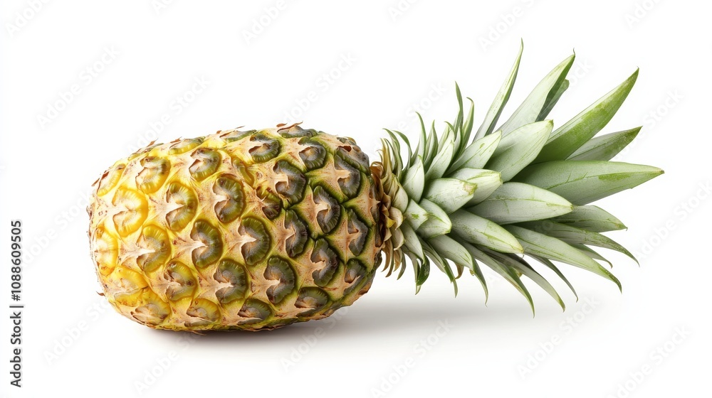 A whole pineapple with its rough, textured skin and spiky crown, Each pineapple’s vibrant color and subtle imperfections captured with precision