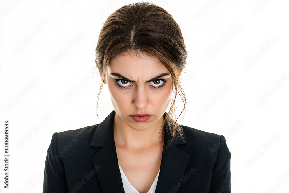 portrait of angry business woman in business suit over white background portrait of angry business woman in business suit over white background
