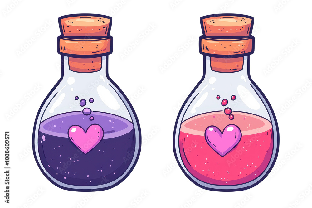 Two colorful potion bottles with heart symbols on a white isolate background. Two colorful potion bottles with heart symbols on a white isolate background.