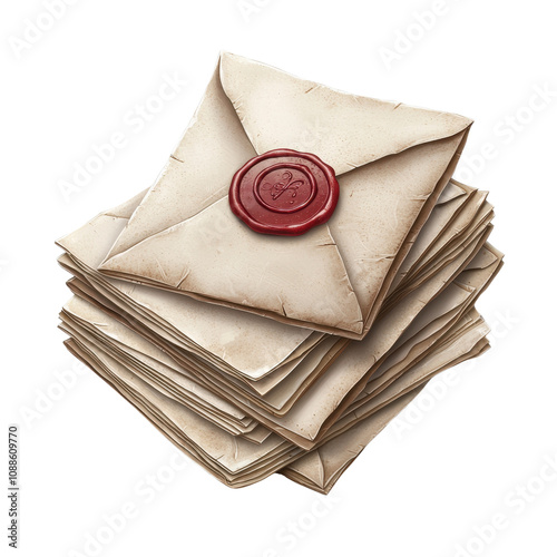 A stack of old envelopes with a red wax seal, white isolate background.