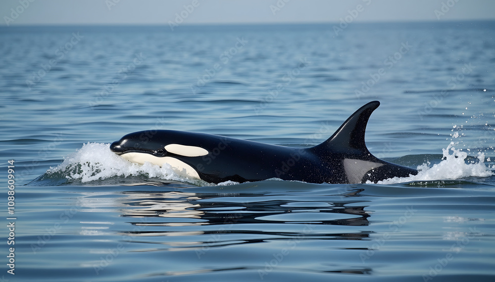 Obraz premium Orca swimming in calm waters with gentle waves and reflections
