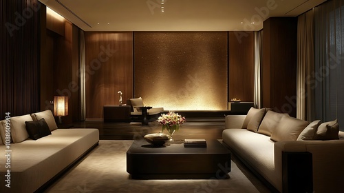 Luxurious, dimly lit living room with modern furniture and warm wood accents.