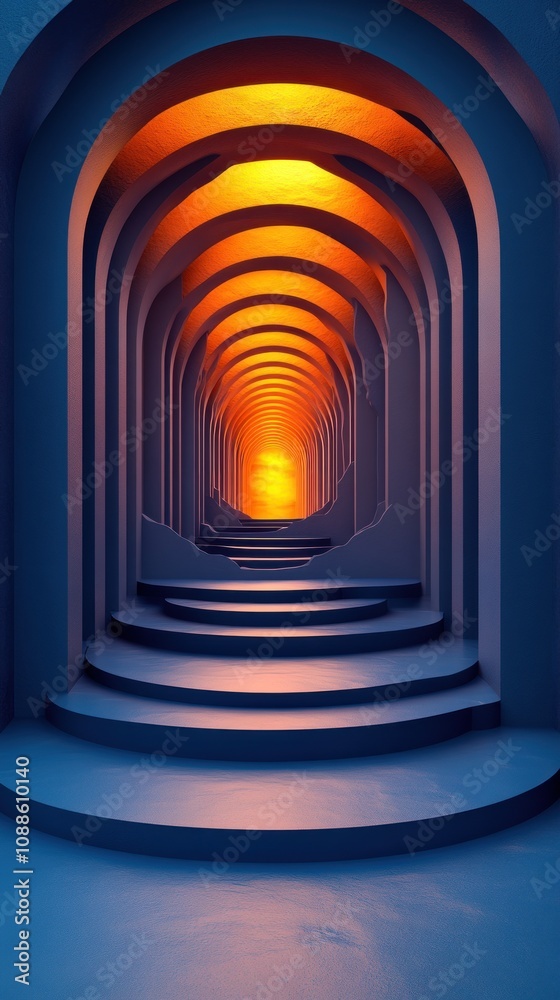 Fototapeta premium A surreal corridor with arches illuminated by warm light.