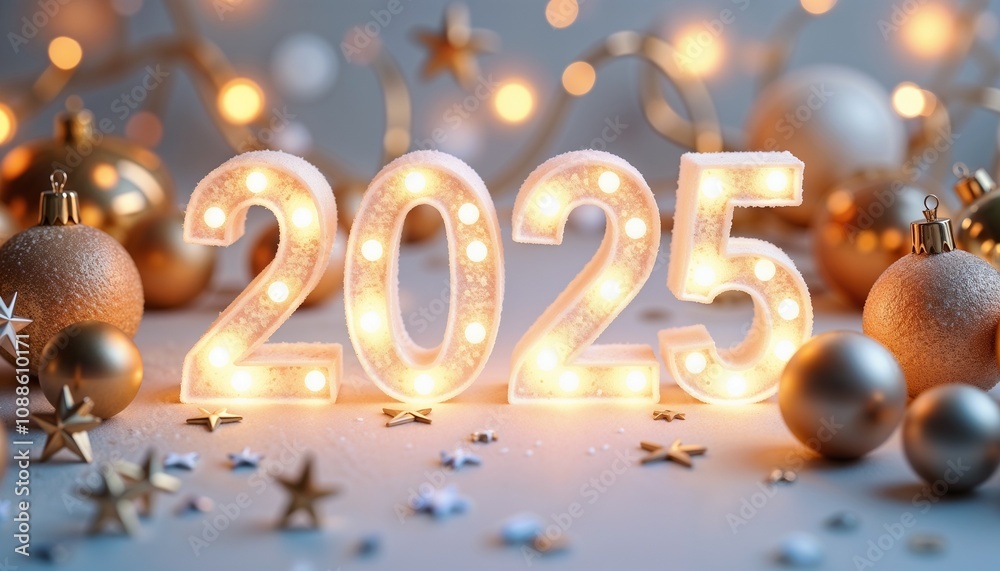 Glowing 2025 decorations with sparkling lights and festive ornaments for New Year celebration Glowing 2025 decorations with sparkling lights and festive ornaments for New Year celebration