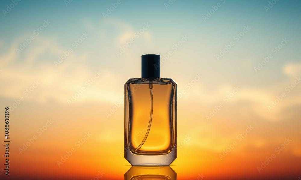Elegant perfume bottle silhouetted against vibrant sunset sky, showcasing its amber liquid and sleek design, evoking sense of luxury and allure Elegant perfume bottle silhouetted against vibrant sunset sky, showcasing its amber liquid and sleek design, evoking sense of luxury and allure