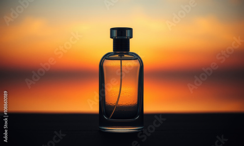 sleek perfume bottle silhouetted against vibrant sunset, showcasing elegance and allure. warm colors create captivating atmosphere, enhancing beauty of fragrance