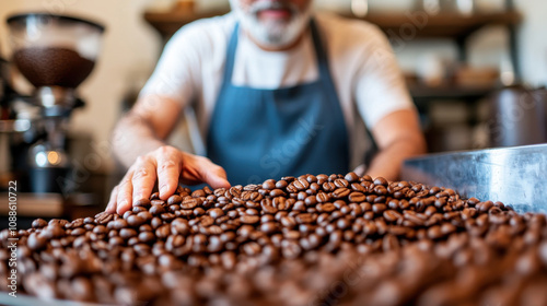 An artisan examines freshly roasted coffee beans, showcasing his passion for quality and craftsmanship in a coffee shop. photo