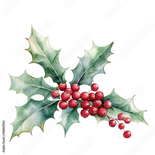 Beautiful holly branch with vibrant red berries and green leaves, perfect for holiday and winter-themed designs.