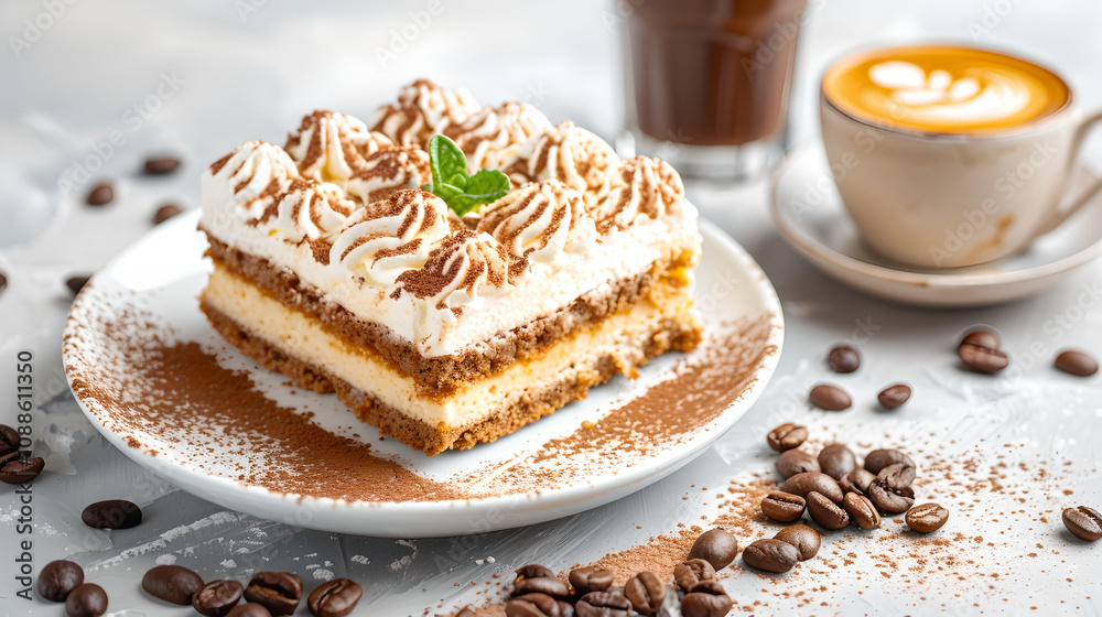Decadent coffee flavored tiramisu slice with creamy layers and cocoa