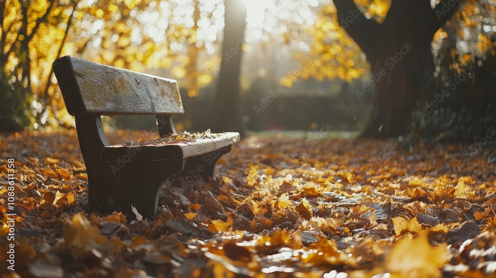 A serene bench surrounded by golden autumn leaves in a peaceful park setting. A serene bench surrounded by golden autumn leaves in a peaceful park setting.