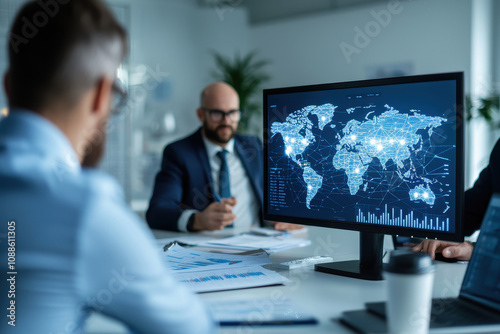 Business professionals analyze global data on a large screen during a meeting, showcasing teamwork and modern technology.