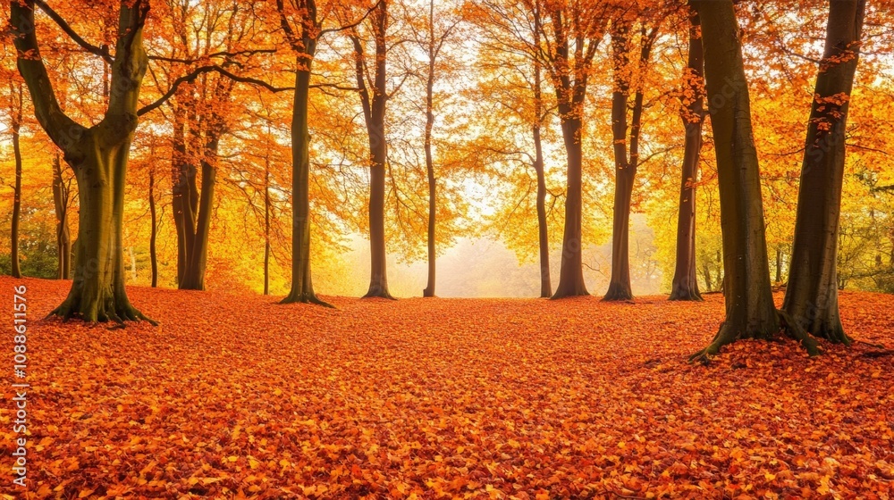 Autumn Forest: Stunning Orange Leaves and Trees Under Soft Light Autumn Forest: Stunning Orange Leaves and Trees Under Soft Light