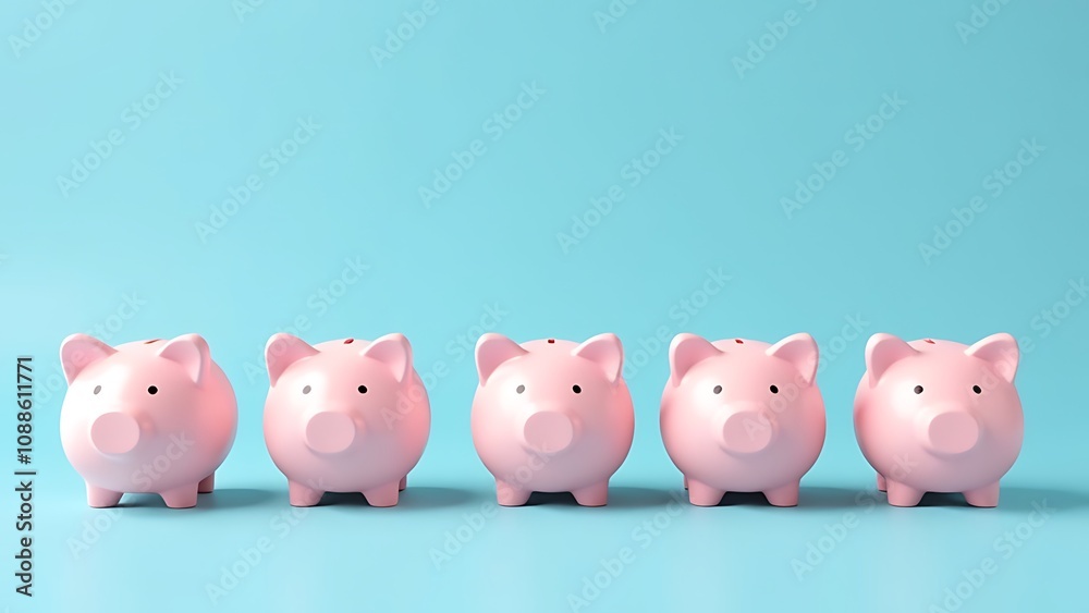 Piggy banks. Saving. Credit. Accumulation. A row of six cute pink piggy banks on a minimalist blue background. Piggy banks. Saving. Credit. Accumulation. A row of six cute pink piggy banks on a minimalist blue background.