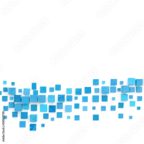 orizontal arrangement of squares in various shades of blue, creating a mosaic-like pattern. The squares vary in size and opacity,