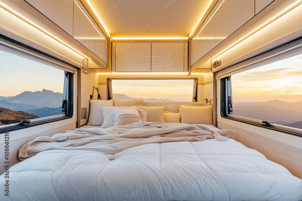Cozy van interior with a comfortable bed and stunning mountain sunset views through large windows, perfect for travel inspiration. Cozy van interior with a comfortable bed and stunning mountain sunset views through large windows, perfect for travel inspiration.