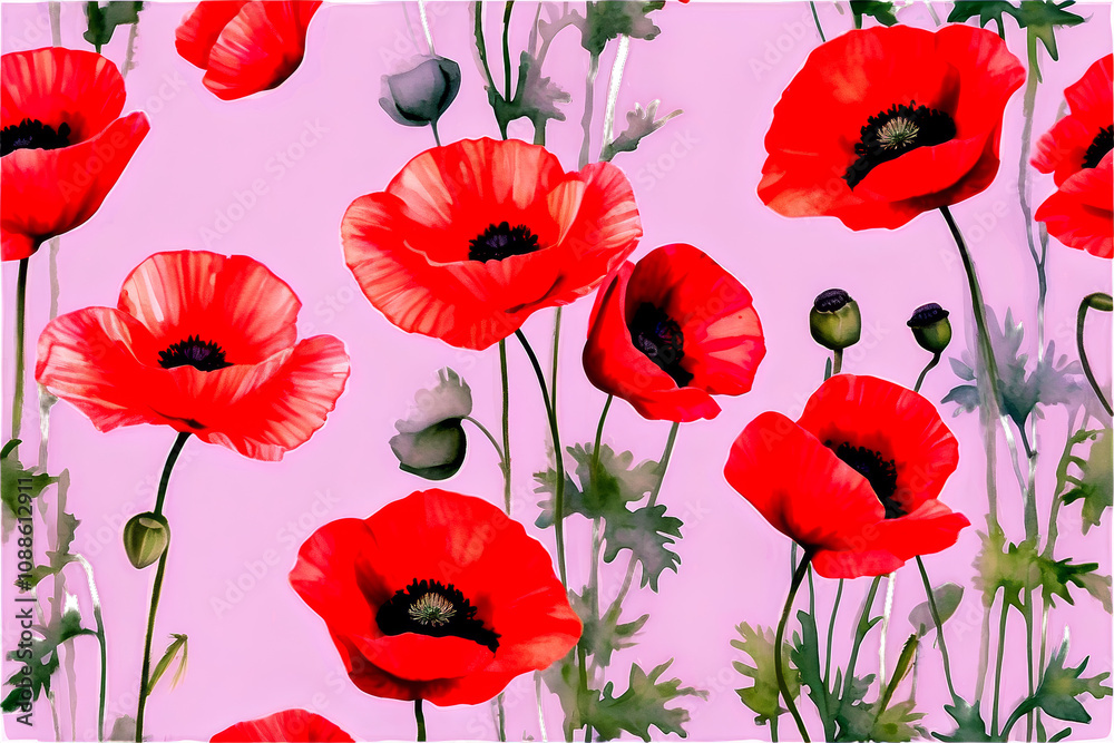 Naklejka premium Summer flowers poppies Watercolor painting illustration, Bouquet red flowers, postcards, Generative AI